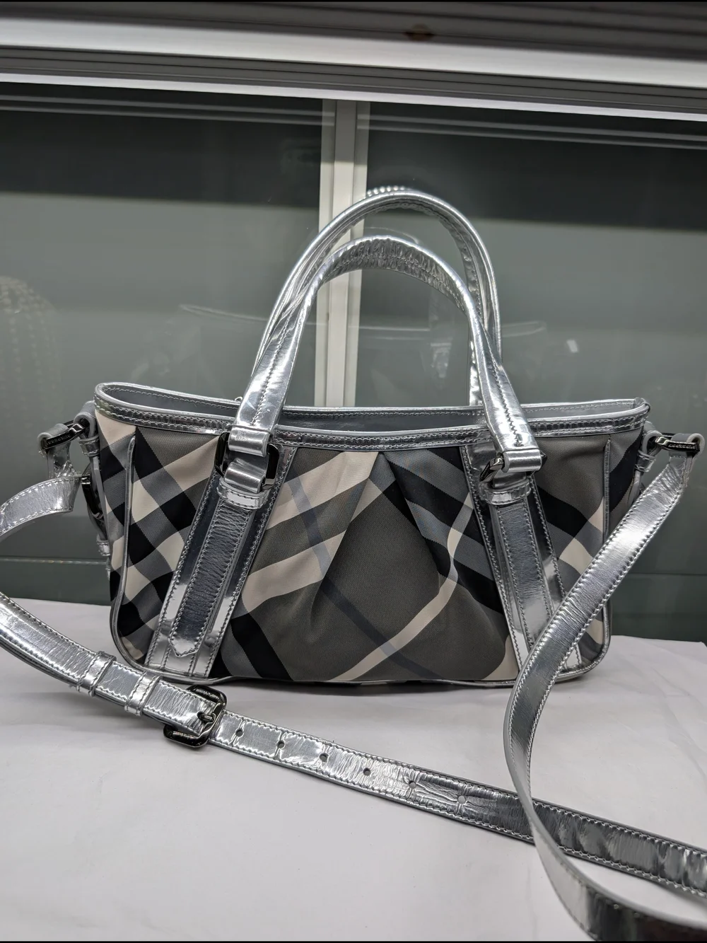 Burberry Black & Silver Plaid Tote Handbag
